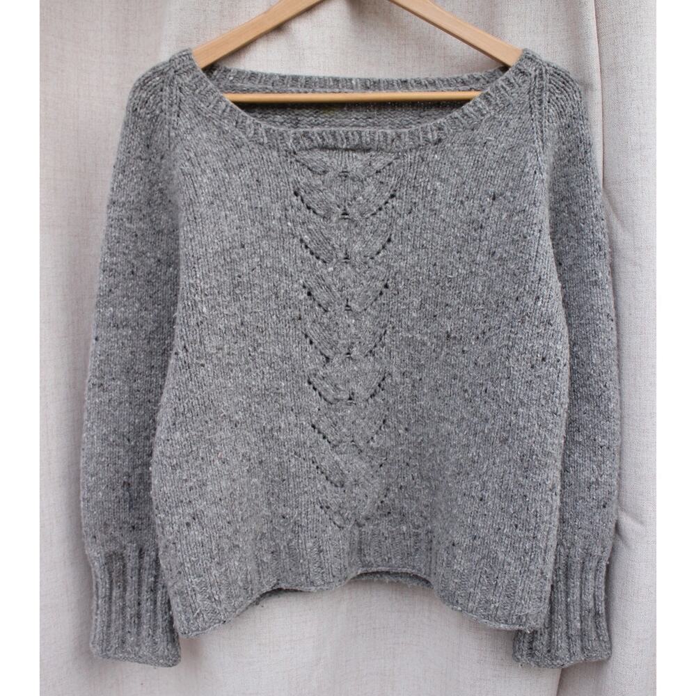 Soft Handknit Grey Wool Sweater- Scoop Neck Cables Cottagecore
